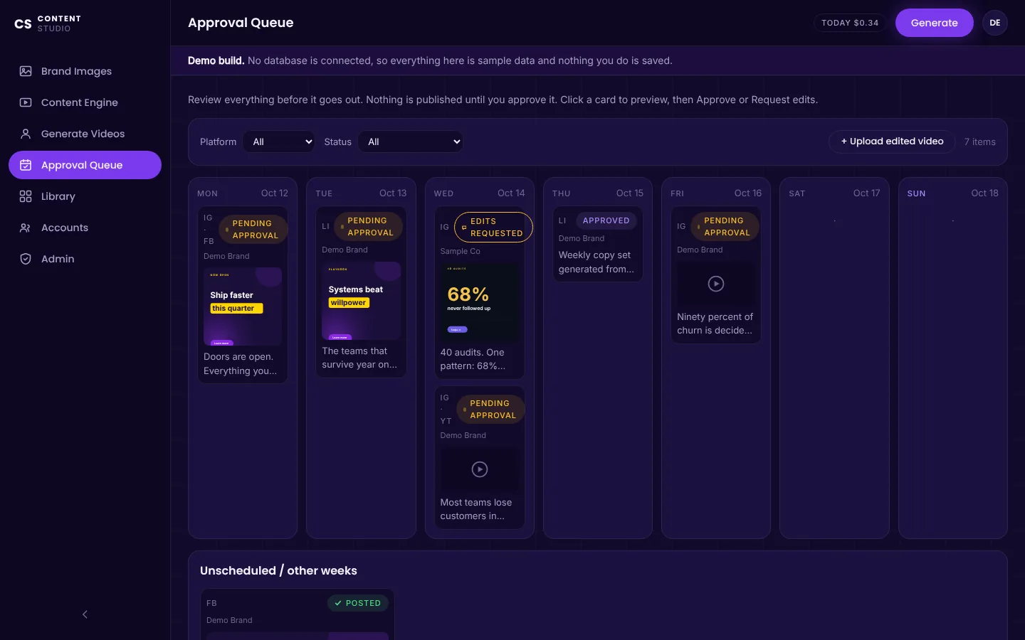 The platform's approval queue: a week of scheduled posts, each waiting to be approved or sent back for edits.