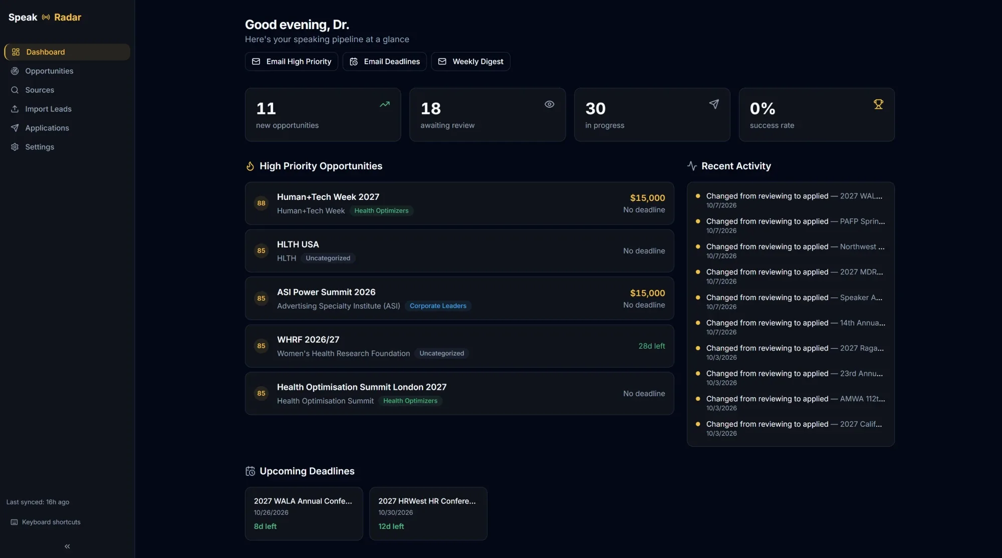 Speak Radar's dashboard: new opportunities, high-priority events scored for fit with their fees, recent activity and upcoming deadlines.
